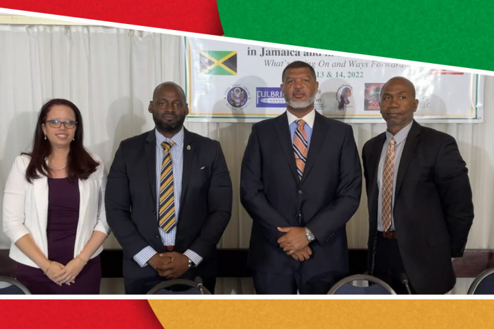 The Jamaica RCMP Liaison officer (LO) as part of an international panel discussion at the Jamaica Crime Symposium in Kingston, Jamaica. From right to left: RCMP LO - Sgt. Rupert Wilson, Dominick Riley - US Postal Service, Dolan Greenidge – Drug Enforcement Administration (DEA) and Joanna Callen - Deputy Superintendent Jamaican Constabulary Force (JCF).