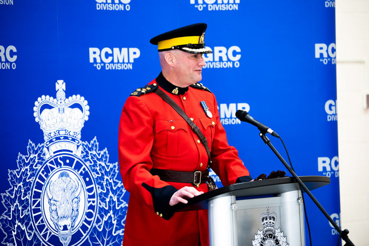 RCMP O Division's new Commanding Officer, Assistant Commissioner Matt Peggs addresses invited guests, policing partners and RCMP employees at the official Change of Command Ceremony.