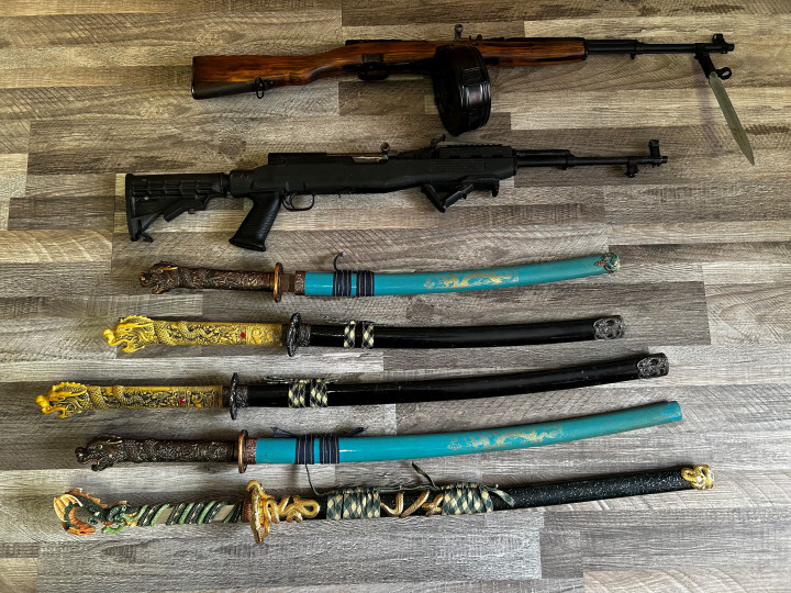 Two firearms and five swords.