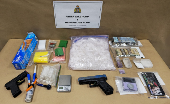 Officers located and seized approximately two kilograms of methamphetamine, approximately 34 grams of cocaine, approximately 26 grams of fentanyl/MDMA, drug trafficking paraphernalia, an imitation handgun, a lighter that resembled a handgun, and a sum of cash. 