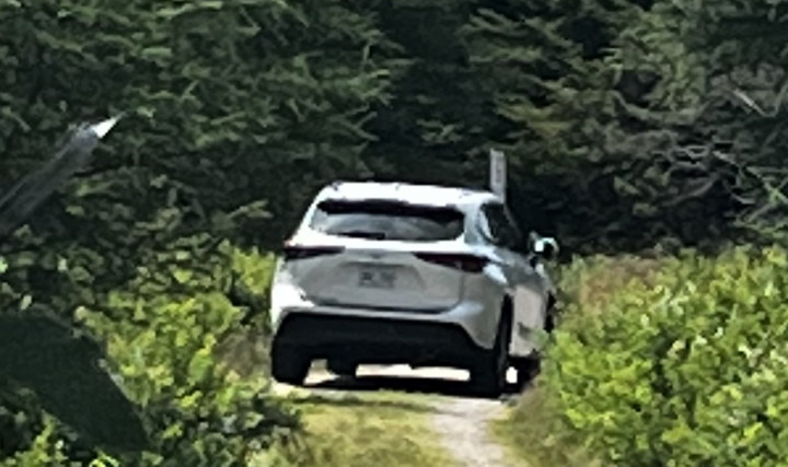 A white or silver SUV is parked on a dirt road.