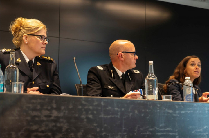 RCMP Assistant Commissioner Lisa Moreland, Regional Commander, Northwest Region, Federal Policing (far left) attends a press conference with Commander Dom Murphy, United Kingdom Metropolitan Police Counter Terrorism Command, and Deputy Commissioner Rebecca Weiner, Intelligence and Counterterrorism, NYPD, at New Scotland Yard in London, England, on July 18, 2024. (Credit Metropolitan Police Service)